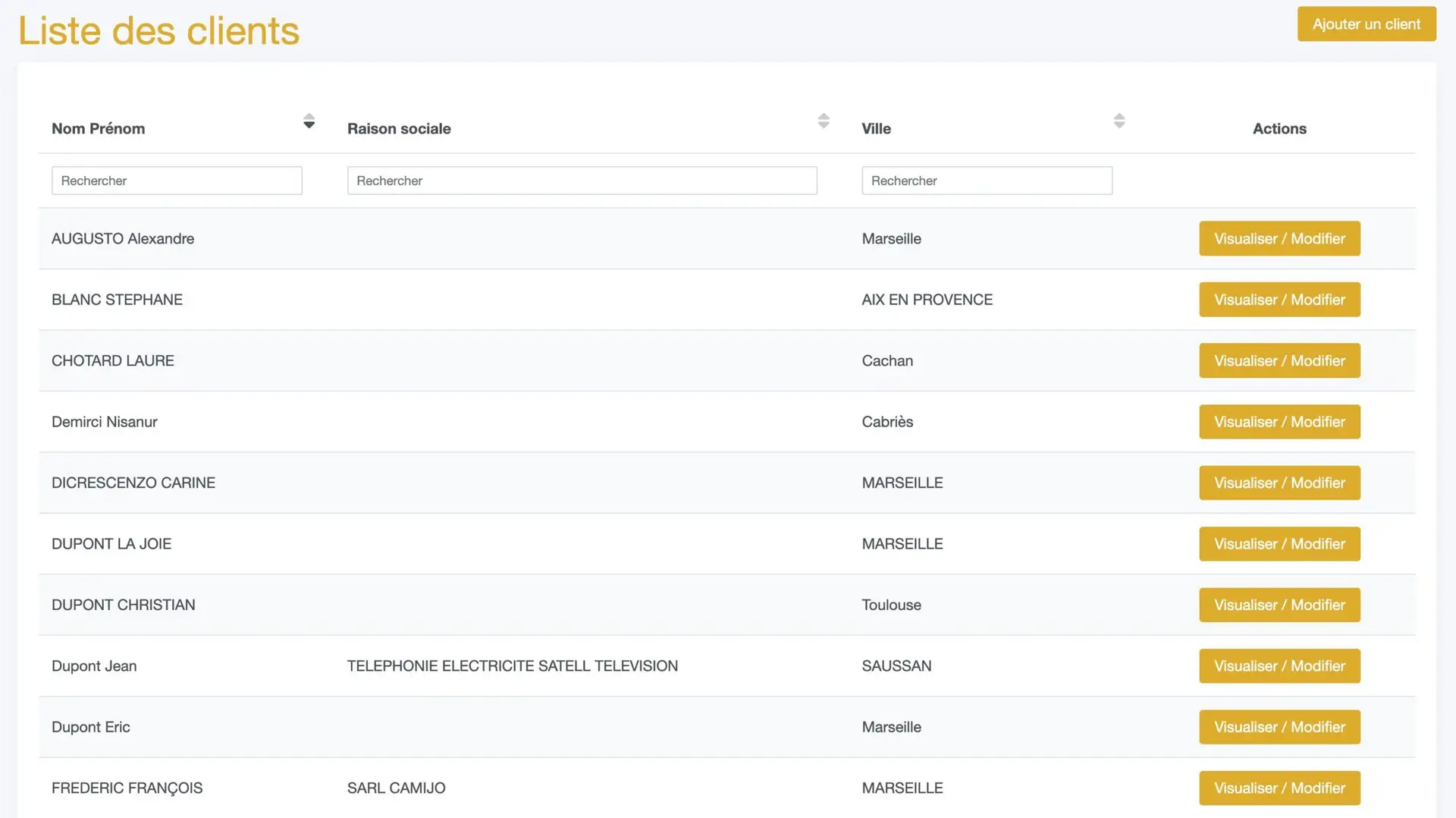 Module clients d'un logiciel BTP pour suivre les coordonnées, chantiers, devis et factures