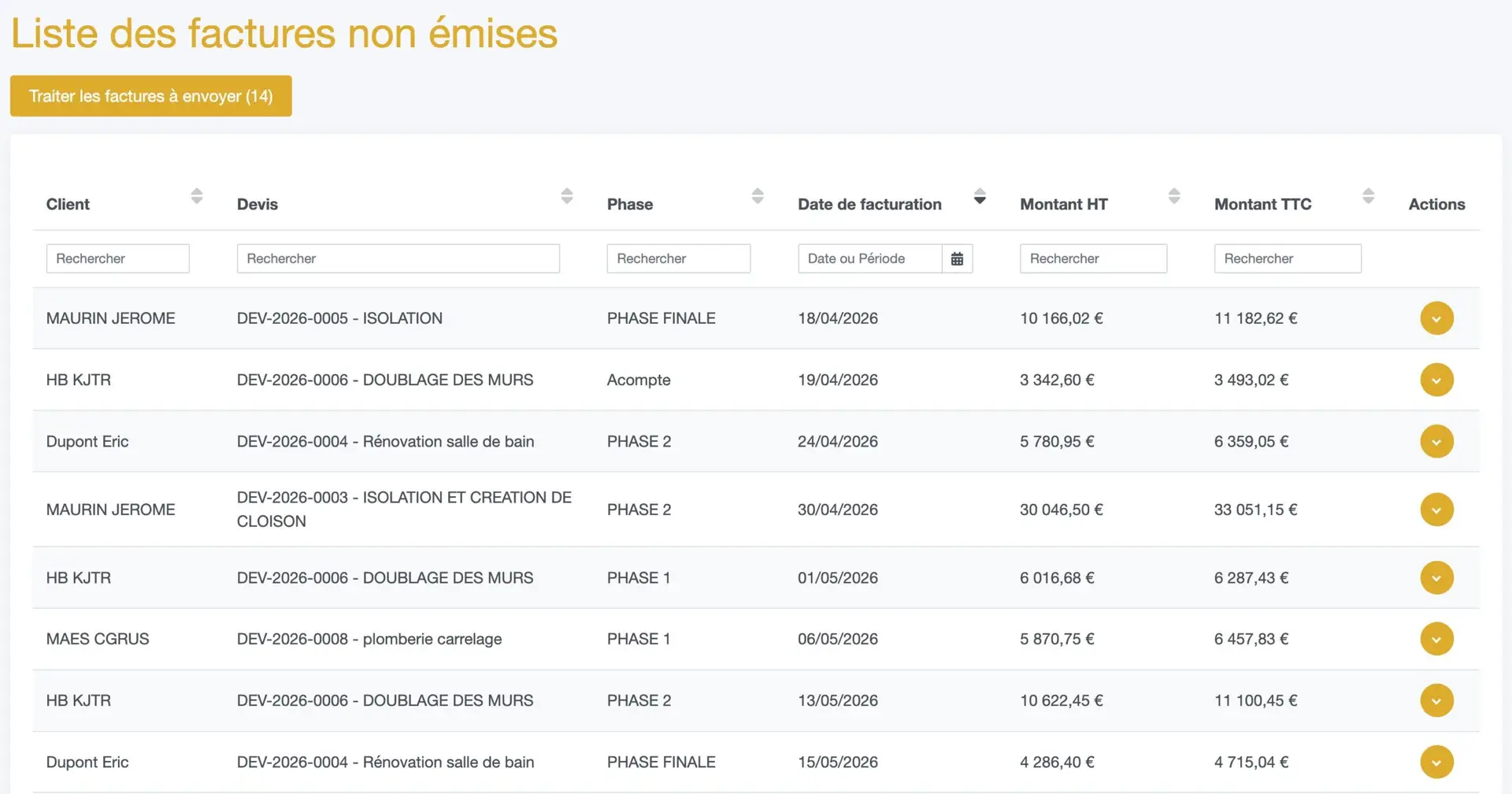 Module factures et relances d’un logiciel ERP BTP pour automatiser la facturation et le suivi des paiements