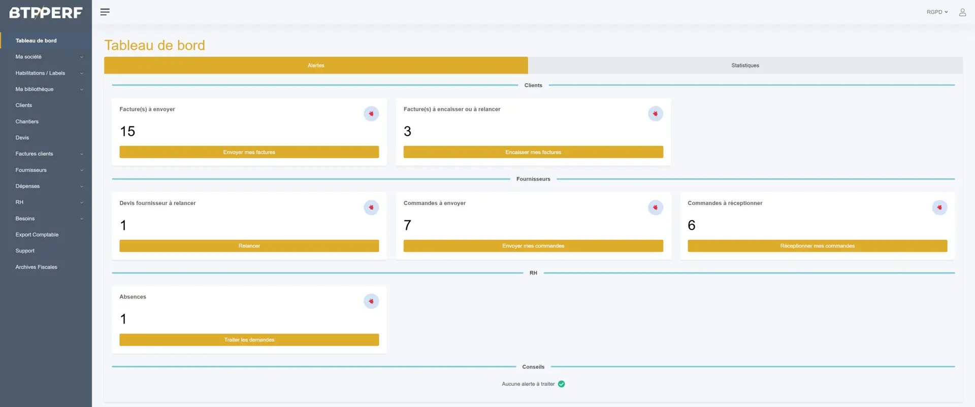 Tableau de bord logiciel ERP BTP avec suivi devis factures achats et rentabilité